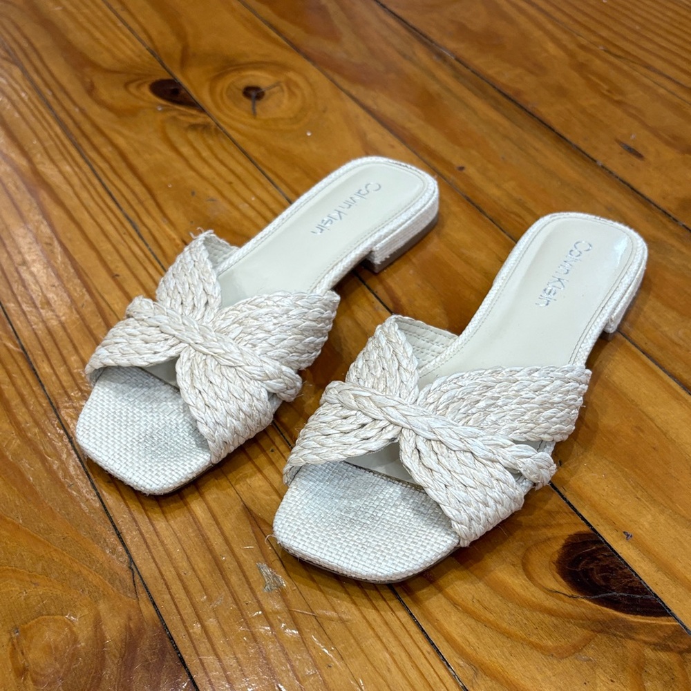 Calvin Klein Cream Braided Slide Sandals